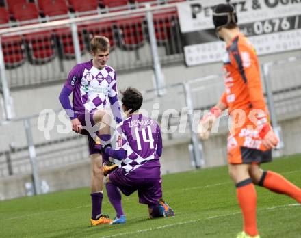 Fussball Sky go Erste Liga. SK Austria Klagenfurt gegen FAC Wien.  Torjubel Eric Zachhuber, Patrik Eler, (Klagenfurt). Klagenfurt, am 4.3.2016.
Foto: Kuess
---
pressefotos, pressefotografie, kuess, qs, qspictures, sport, bild, bilder, bilddatenbank