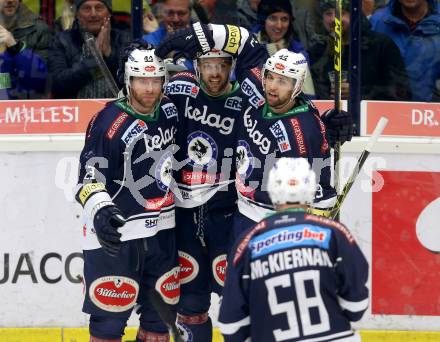 EBEL. Eishockey Bundesliga. EC VSV gegen UPC Vienna Capitals. Torjubel Rick Schofield, Markus Schlacher, Ziga Pance, Ryan McKiernan (VSV). Villach, am 4.3.2016.
Foto: Kuess 


---
pressefotos, pressefotografie, kuess, qs, qspictures, sport, bild, bilder, bilddatenbank