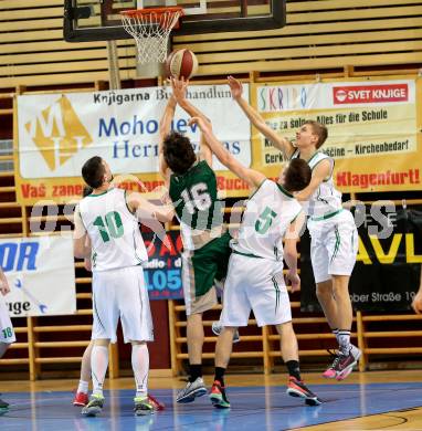 Basketball 2. Bundesliga 2015/16 Grunddurchgang 21. Runde. KOS Celovec gegen Dornbirn Lions. Mali Grega, Smrtnik Andi, Florian Ponholzer (KOS Celovec),  Mario Tobar (Dornbirn). Klagenfurt, 5.3.2016.
Foto: Kuess
---
pressefotos, pressefotografie, kuess, qs, qspictures, sport, bild, bilder, bilddatenbank