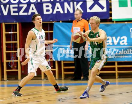 Basketball 2. Bundesliga 2015/16 Grunddurchgang 21. Runde. KOS Celovec gegen Dornbirn Lions. Smrtnik Andi (KOS Celovec),  Florian Gintschel (Dornbirn). Klagenfurt, 5.3.2016.
Foto: Kuess
---
pressefotos, pressefotografie, kuess, qs, qspictures, sport, bild, bilder, bilddatenbank