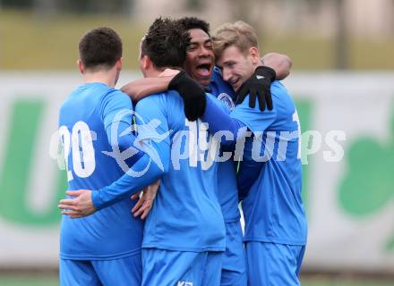 Fussball Regionalliga. Annabichler SV gegen Sturm Graz Amateure. Torjubel Matthias Dollinger, Sandro Jose Da Silva, Michael Krainer (ASV). Welzenegg, am 5.3.2016.
Foto: Kuess
---
pressefotos, pressefotografie, kuess, qs, qspictures, sport, bild, bilder, bilddatenbank