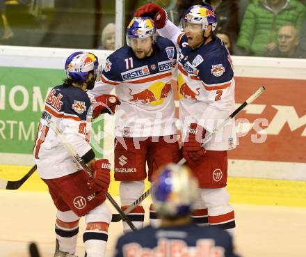 EBEL. Eishockey Bundesliga. KAC gegen EC Red Bull Salzburg. Torjubel Ben Walter, Brian Fahey, Dominique Heinrich (Salzburg). Klagenfurt, am 8.3.2016.
Foto: Kuess

---
pressefotos, pressefotografie, kuess, qs, qspictures, sport, bild, bilder, bilddatenbank