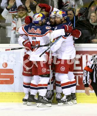 EBEL. Eishockey Bundesliga. KAC gegen EC Red Bull Salzburg. Torjubel Pehr Ledin, Konstantin Komarek, Andreas Krister, Brian Fahey, (Salzburg). Klagenfurt, am 8.3.2016.
Foto: Kuess

---
pressefotos, pressefotografie, kuess, qs, qspictures, sport, bild, bilder, bilddatenbank