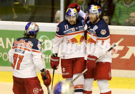 EBEL. Eishockey Bundesliga. KAC gegen EC Red Bull Salzburg. Torjubel Ben Walter, Brian Fahey, Dominique Heinrich (Salzburg). Klagenfurt, am 8.3.2016.
Foto: Kuess

---
pressefotos, pressefotografie, kuess, qs, qspictures, sport, bild, bilder, bilddatenbank