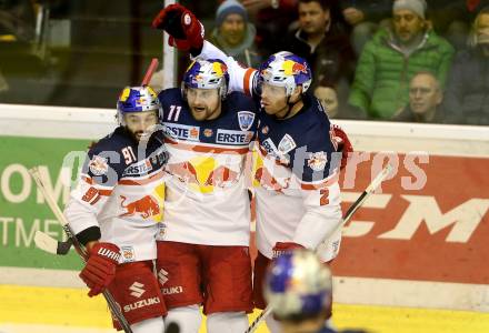 EBEL. Eishockey Bundesliga. KAC gegen EC Red Bull Salzburg. Torjubel Ben Walter, Brian Fahey, Dominique Heinrich (Salzburg). Klagenfurt, am 8.3.2016.
Foto: Kuess

---
pressefotos, pressefotografie, kuess, qs, qspictures, sport, bild, bilder, bilddatenbank