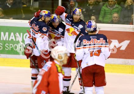 EBEL. Eishockey Bundesliga. KAC gegen EC Red Bull Salzburg. Torjubel Ben Walter, Brian Fahey, Dominique Heinrich, Daniel Welser, Brian Connelly  (Salzburg). Klagenfurt, am 8.3.2016.
Foto: Kuess

---
pressefotos, pressefotografie, kuess, qs, qspictures, sport, bild, bilder, bilddatenbank