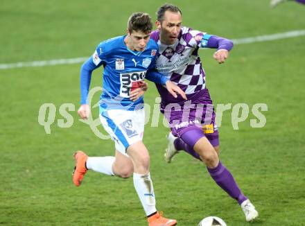 Fussball Sky go Erste Liga. SK Austria Klagenfurt gegen SC Wiener Neustadt.  Christian Prawda, (Klagenfurt), Mario Stefel (Wiener Neustadt). Klagenfurt, am 15.3.2016.
Foto: Kuess
---
pressefotos, pressefotografie, kuess, qs, qspictures, sport, bild, bilder, bilddatenbank