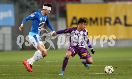 Fussball Sky go Erste Liga. SK Austria Klagenfurt gegen SC Wiener Neustadt.  Eric Zachhuber, (Klagenfurt),  Sargon Duran (Wiener Neustadt). Klagenfurt, am 15.3.2016.
Foto: Kuess
---
pressefotos, pressefotografie, kuess, qs, qspictures, sport, bild, bilder, bilddatenbank