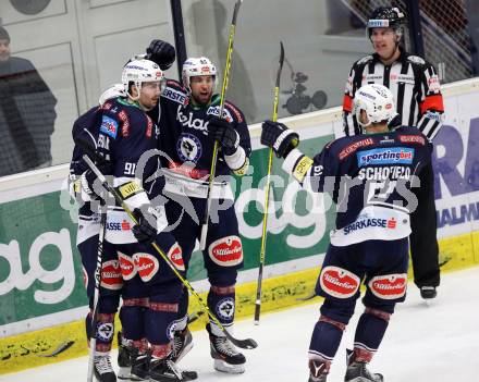 EBEL. Eishockey Bundesliga. EC VSV gegen EC Red Bull Salzburg. Torjubel Gerhard Unterluggauer, Ziga Pance, Miha Verlic, Rick Schofield (VSV). Villach, am 15.3.2016.
Foto: Kuess 


---
pressefotos, pressefotografie, kuess, qs, qspictures, sport, bild, bilder, bilddatenbank