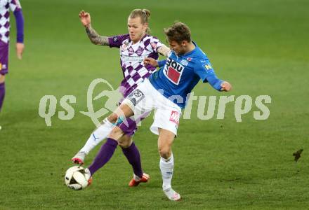 Fussball Sky go Erste Liga. SK Austria Klagenfurt gegen SC Wiener Neustadt.  Dominic Puercher, (Klagenfurt), Daniel Maderner (Wiener Neustadt). Klagenfurt, am 15.3.2016.
Foto: Kuess
---
pressefotos, pressefotografie, kuess, qs, qspictures, sport, bild, bilder, bilddatenbank