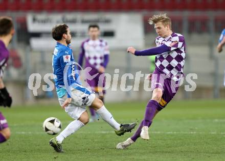 Fussball Sky go Erste Liga. SK Austria Klagenfurt gegen SC Wiener Neustadt.  Matthias Koch, (Klagenfurt), Julian Salamon (Wiener Neustadt). Klagenfurt, am 15.3.2016.
Foto: Kuess
---
pressefotos, pressefotografie, kuess, qs, qspictures, sport, bild, bilder, bilddatenbank