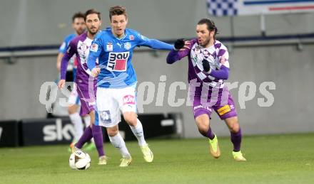 Fussball Sky go Erste Liga. SK Austria Klagenfurt gegen SC Wiener Neustadt.  Sandro Zakany,  (Klagenfurt), Daniel Wolf (Wiener Neustadt). Klagenfurt, am 15.3.2016.
Foto: Kuess
---
pressefotos, pressefotografie, kuess, qs, qspictures, sport, bild, bilder, bilddatenbank