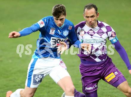 Fussball Sky go Erste Liga. SK Austria Klagenfurt gegen SC Wiener Neustadt.  Christian Prawda,  (Klagenfurt), Mario Stefel (Wiener Neustadt). Klagenfurt, am 15.3.2016.
Foto: Kuess
---
pressefotos, pressefotografie, kuess, qs, qspictures, sport, bild, bilder, bilddatenbank