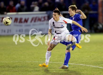 Fussball Kaerntner Liga. SAK gegen ATSV Wolfsberg. Tadej Zagar Knez,  (SAK), Fabian Hafner (Wolfsberg). Welzenegg, am 18.3.2016.
Foto: Kuess
---
pressefotos, pressefotografie, kuess, qs, qspictures, sport, bild, bilder, bilddatenbank