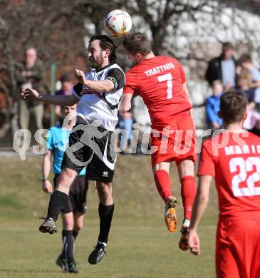 Fussball Kaerntner Liga. ATUS Ferlach gegen Maria Saal. Martin Trattnig,  (Ferlach), Roland Krenn (Maria Saal). Ferlach, am 19.3.2016.
Foto: Kuess
---
pressefotos, pressefotografie, kuess, qs, qspictures, sport, bild, bilder, bilddatenbank