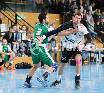 Handball Bundesliga. Oberes Play Off. Schlafraum.at gegen SC Ferlach. Josef Sourek (HCK), Dean David Pomorisac (SCF). Viktring, am 19.3.2016.
Foto: Kuess
---
pressefotos, pressefotografie, kuess, qs, qspictures, sport, bild, bilder, bilddatenbank