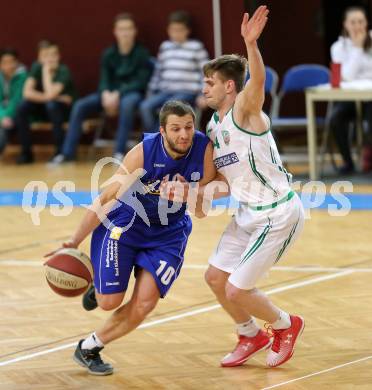 Basketball 2. Bundesliga 2015/16 VF Spiel 1. KOS Celovec gegen Radenthein Garnets. Ziga Erculj,  (KOS Celovec), Matej Pirija (Radenthein). Klagenfurt, 19.3.2016.
Foto: Kuess
---
pressefotos, pressefotografie, kuess, qs, qspictures, sport, bild, bilder, bilddatenbank