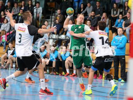 Handball Bundesliga. Oberes Play Off. Schlafraum.at gegen SC Ferlach. Leopold Wagner,  (HCK), Risto Arnaudovski, Mathias Rath (SCF). Viktring, am 19.3.2016.
Foto: Kuess
---
pressefotos, pressefotografie, kuess, qs, qspictures, sport, bild, bilder, bilddatenbank