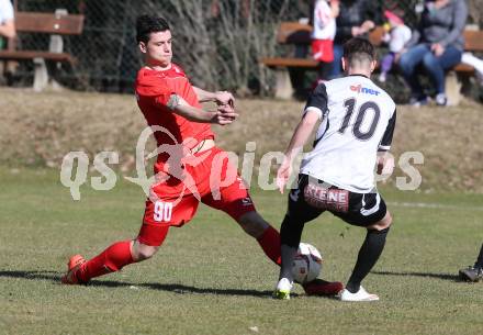 Fussball Kaerntner Liga. ATUS Ferlach gegen Maria Saal. Lukas Jaklitsch,  (Ferlach), Dalibor Stojanovic (Maria Saal). Ferlach, am 19.3.2016.
Foto: Kuess
---
pressefotos, pressefotografie, kuess, qs, qspictures, sport, bild, bilder, bilddatenbank