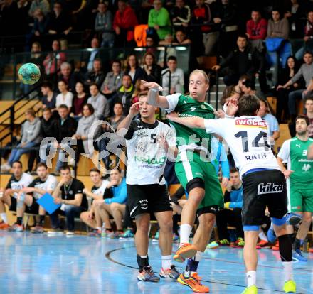 Handball Bundesliga. Oberes Play Off. Schlafraum.at gegen SC Ferlach. Leopold Wagner,  (HCK), Mario Simic, Mathias Rath (SCF). Viktring, am 19.3.2016.
Foto: Kuess
---
pressefotos, pressefotografie, kuess, qs, qspictures, sport, bild, bilder, bilddatenbank