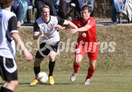 Fussball Kaerntner Liga. ATUS Ferlach gegen Maria Saal. Thomas Waldhauser,  (Ferlach), Nikolai Michael Kremer (Maria Saal). Ferlach, am 19.3.2016.
Foto: Kuess
---
pressefotos, pressefotografie, kuess, qs, qspictures, sport, bild, bilder, bilddatenbank