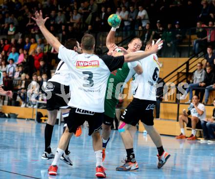 Handball Bundesliga. Oberes Play Off. Schlafraum.at gegen SC Ferlach. Leopold Wagner, (HCK), Risto Arnaudovski, Leander Krobath  (SCF). Viktring, am 19.3.2016.
Foto: Kuess
---
pressefotos, pressefotografie, kuess, qs, qspictures, sport, bild, bilder, bilddatenbank