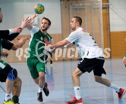 Handball Bundesliga. Oberes Play Off. Schlafraum.at gegen SC Ferlach. Markus Godec, (HCK), Risto Arnaudovski  (SCF). Viktring, am 19.3.2016.
Foto: Kuess
---
pressefotos, pressefotografie, kuess, qs, qspictures, sport, bild, bilder, bilddatenbank