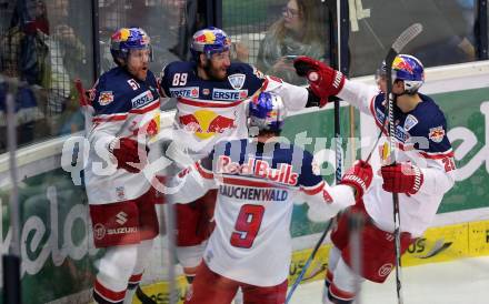 EBEL. Eishockey Bundesliga. EC VSV gegen EC Red Bull Salzburg. Torjubel Matthias Trattnig, Florian Baltram, Alexander Rauchenwald, Peter Hochkofler (Salzburg). Villach, am 20.3.2016.
Foto: Kuess 


---
pressefotos, pressefotografie, kuess, qs, qspictures, sport, bild, bilder, bilddatenbank