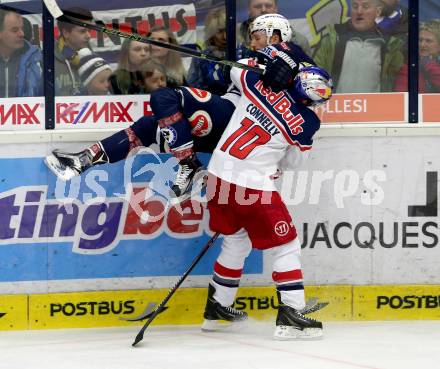 EBEL. Eishockey Bundesliga. EC VSV gegen EC Red Bull Salzburg. Dustin Johner,  (VSV), Brian Connelly (Salzburg). Villach, am 20.3.2016.
Foto: Kuess 


---
pressefotos, pressefotografie, kuess, qs, qspictures, sport, bild, bilder, bilddatenbank