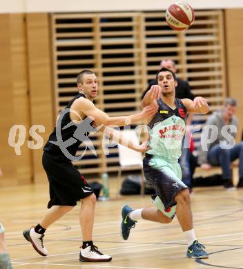 Basketball 2. Bundesliga 2015/16 Playoff Viertelfinale 1.Spiel. Villach Raiders gegen Mistelbach Mustangs. Jonathan Dielacher,  (Villach),  Amis Servuts (Mistelbach). Villach, 20.3.2016.
Foto: Kuess
---
pressefotos, pressefotografie, kuess, qs, qspictures, sport, bild, bilder, bilddatenbank