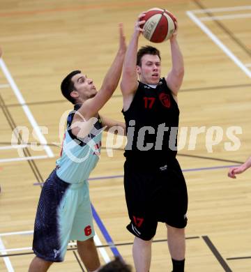 Basketball 2. Bundesliga 2015/16 Playoff Viertelfinale 1.Spiel. Villach Raiders gegen Mistelbach Mustangs. Jonathan Dielacher,  (Villach), Stefan Obermann (Mistelbach). Villach, 20.3.2016.
Foto: Kuess
---
pressefotos, pressefotografie, kuess, qs, qspictures, sport, bild, bilder, bilddatenbank