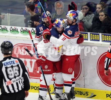 EBEL. Eishockey Bundesliga. EC VSV gegen EC Red Bull Salzburg. Torjubel Ben Walter, Daniel Welser, Manuel Latusa (Salzburg). Villach, am 24.3.2016.
Foto: Kuess 


---
pressefotos, pressefotografie, kuess, qs, qspictures, sport, bild, bilder, bilddatenbank