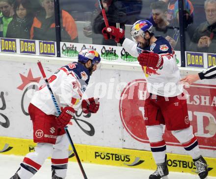 EBEL. Eishockey Bundesliga. EC VSV gegen EC Red Bull Salzburg. Torjubel Ben Walter, Daniel Welser (Salzburg). Villach, am 24.3.2016.
Foto: Kuess 


---
pressefotos, pressefotografie, kuess, qs, qspictures, sport, bild, bilder, bilddatenbank