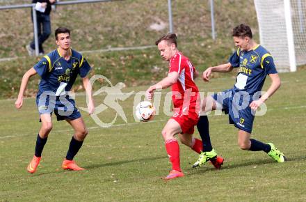 Fussball. Unterliga Ost. Ludmannsdorf gegen Alpe Adria. Michael Augustin Jakopitsch  (Ludmannsdorf), Benjamin Lamzari, Philipp Hoeberl (Alpe Adria). Ludmannsdorf, 27.3.2016.
Foto: Kuess
---
pressefotos, pressefotografie, kuess, qs, qspictures, sport, bild, bilder, bilddatenbank