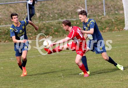 Fussball. Unterliga Ost. Ludmannsdorf gegen Alpe Adria. Michael Augustin Jakopitsch  (Ludmannsdorf), Benjamin Lamzari, Philipp Hoeberl (Alpe Adria). Ludmannsdorf, 27.3.2016.
Foto: Kuess
---
pressefotos, pressefotografie, kuess, qs, qspictures, sport, bild, bilder, bilddatenbank