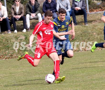 Fussball. Unterliga Ost. Ludmannsdorf gegen Alpe Adria. Marcel Quantschnig	 (Ludmannsdorf), Lukas Hoeberl (Alpe Adria). Ludmannsdorf, 27.3.2016.
Foto: Kuess
---
pressefotos, pressefotografie, kuess, qs, qspictures, sport, bild, bilder, bilddatenbank