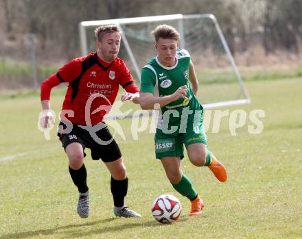 Fussball. Kaernter Liga. Maria Saal gegen Lienz . Christof Reichmann (Maria Saal),  Florian Neumeister  (Lienz). Maria Saal, 2.4.2016. 
Foto: Kuess
---
pressefotos, pressefotografie, kuess, qs, qspictures, sport, bild, bilder, bilddatenbank