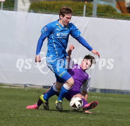 Fussball. Unterliga Ost. Austria Klagenfurt Amateure gegen Sele Zell. Lukas Matthias Hausott (Austria Klagenfurt Amateure), Simon Rustia (Sele Zell). Klagenfurt, 3. 4. 2016.
Foto: Kuess
---
pressefotos, pressefotografie, kuess, qs, qspictures, sport, bild, bilder, bilddatenbank