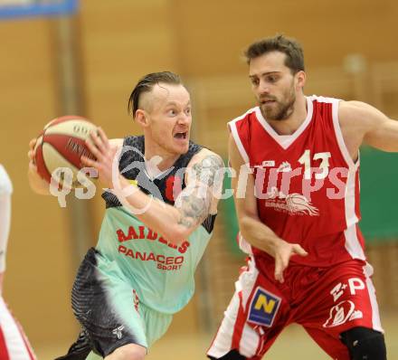 Basketball 2. Bundesliga 2015/16 Playoff Halbfinale 2.Spiel. Villach Raiders gegen St. Poelten Dragons. Nino Gross (Villach), Lukas Boeck (St. Poelten). Villach, 9.4.2016.
Foto: Kuess
---
pressefotos, pressefotografie, kuess, qs, qspictures, sport, bild, bilder, bilddatenbank