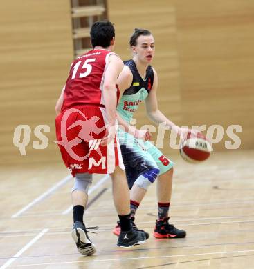 Basketball 2. Bundesliga 2015/16 Playoff Halbfinale 2.Spiel. Villach Raiders gegen St. Poelten Dragons. Julian Hartl (Villach), Hannes Obermann (St. Poelten). Villach, 9.4.2016.
Foto: Kuess
---
pressefotos, pressefotografie, kuess, qs, qspictures, sport, bild, bilder, bilddatenbank