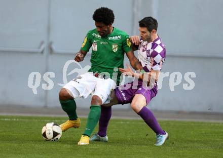 Fussball Sky Go Erste Liga. SK Austria Klagenfurt gegen Austria Lustenau.  Mirnes Becirovic,  (Klagenfurt), Jailson Severiano Alves (Austria Lustenau). Klagenfurt, am 12.4.2016.
Foto: Kuess
---
pressefotos, pressefotografie, kuess, qs, qspictures, sport, bild, bilder, bilddatenbank