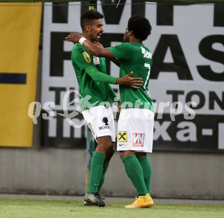 Fussball Sky Go Erste Liga. SK Austria Klagenfurt gegen Austria Lustenau.  Torjubel Seifedin Chabbi, Jailson Severiano Alves (Austria Lustenau). Klagenfurt, am 12.4.2016.
Foto: Kuess
---
pressefotos, pressefotografie, kuess, qs, qspictures, sport, bild, bilder, bilddatenbank