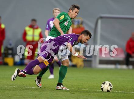 Fussball Sky Go Erste Liga. SK Austria Klagenfurt gegen Austria Lustenau.  Marco Sahanek, (Klagenfurt), Thiago De Lima Silva  (Austria Lustenau). Klagenfurt, am 12.4.2016.
Foto: Kuess
---
pressefotos, pressefotografie, kuess, qs, qspictures, sport, bild, bilder, bilddatenbank