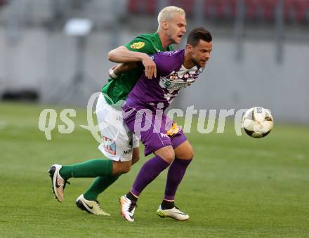 Fussball Sky Go Erste Liga. SK Austria Klagenfurt gegen Austria Lustenau.  Marco Sahanek, (Klagenfurt), Martin Kreuzriegler  (Austria Lustenau). Klagenfurt, am 12.4.2016.
Foto: Kuess
---
pressefotos, pressefotografie, kuess, qs, qspictures, sport, bild, bilder, bilddatenbank