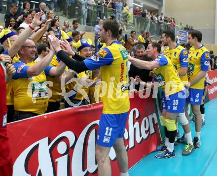 Volleyball AVL. Finale. SK Posojilnica  Aich/Dob gegen HYPO Tirol.  Jubel Danijel Koncilja (Aich/Dob). Bleiburg, am 16.4.2016.
Foto: Kuess
---
pressefotos, pressefotografie, kuess, qs, qspictures, sport, bild, bilder, bilddatenbank