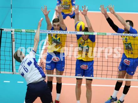 Volleyball AVL. Finale. SK Posojilnica  Aich/Dob gegen HYPO Tirol.  Peter Mlynarcik, Michal Hruska, Andrej Grut (Aich/Dob). Bleiburg, am 16.4.2016.
Foto: Kuess
---
pressefotos, pressefotografie, kuess, qs, qspictures, sport, bild, bilder, bilddatenbank