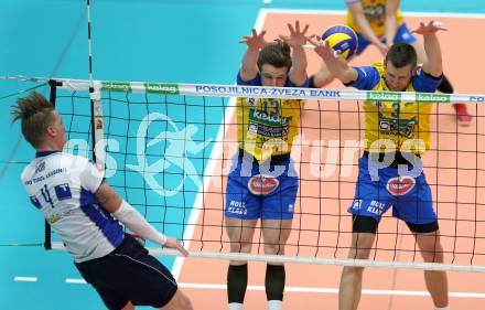 Volleyball AVL. Finale. SK Posojilnica  Aich/Dob gegen HYPO Tirol.  Maximilian Thaller, Michal Hruska (Aich/Dob). Bleiburg, am 16.4.2016.
Foto: Kuess
---
pressefotos, pressefotografie, kuess, qs, qspictures, sport, bild, bilder, bilddatenbank