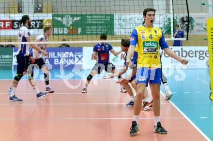 Volleyball AVL. Finale. SK Posojilnica  Aich/Dob gegen HYPO Tirol.  Jubel Filip Palgut (Aich/Dob). Bleiburg, am 16.4.2016.
Foto: Kuess
---
pressefotos, pressefotografie, kuess, qs, qspictures, sport, bild, bilder, bilddatenbank