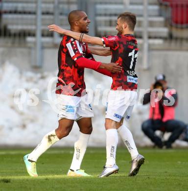 Fussball Sky Go Erste Liga. SK Austria KLagenfurt gegen LASK.  Torjubel De Lima Campos Maria Fabiano, Philipp Huspek  (LASK). KLagenfurt, am 29.4.2016. 
Foto: Kuess
---
pressefotos, pressefotografie, kuess, qs, qspictures, sport, bild, bilder, bilddatenbank