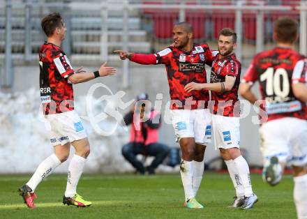 Fussball Sky Go Erste Liga. SK Austria KLagenfurt gegen LASK. Torjubel De Lima Campos Maria Fabiano, Philipp Huspek, Rene Gartler, Nikola Dovedan  (LASK). KLagenfurt, am 29.4.2016. 
Foto: Kuess
---
pressefotos, pressefotografie, kuess, qs, qspictures, sport, bild, bilder, bilddatenbank